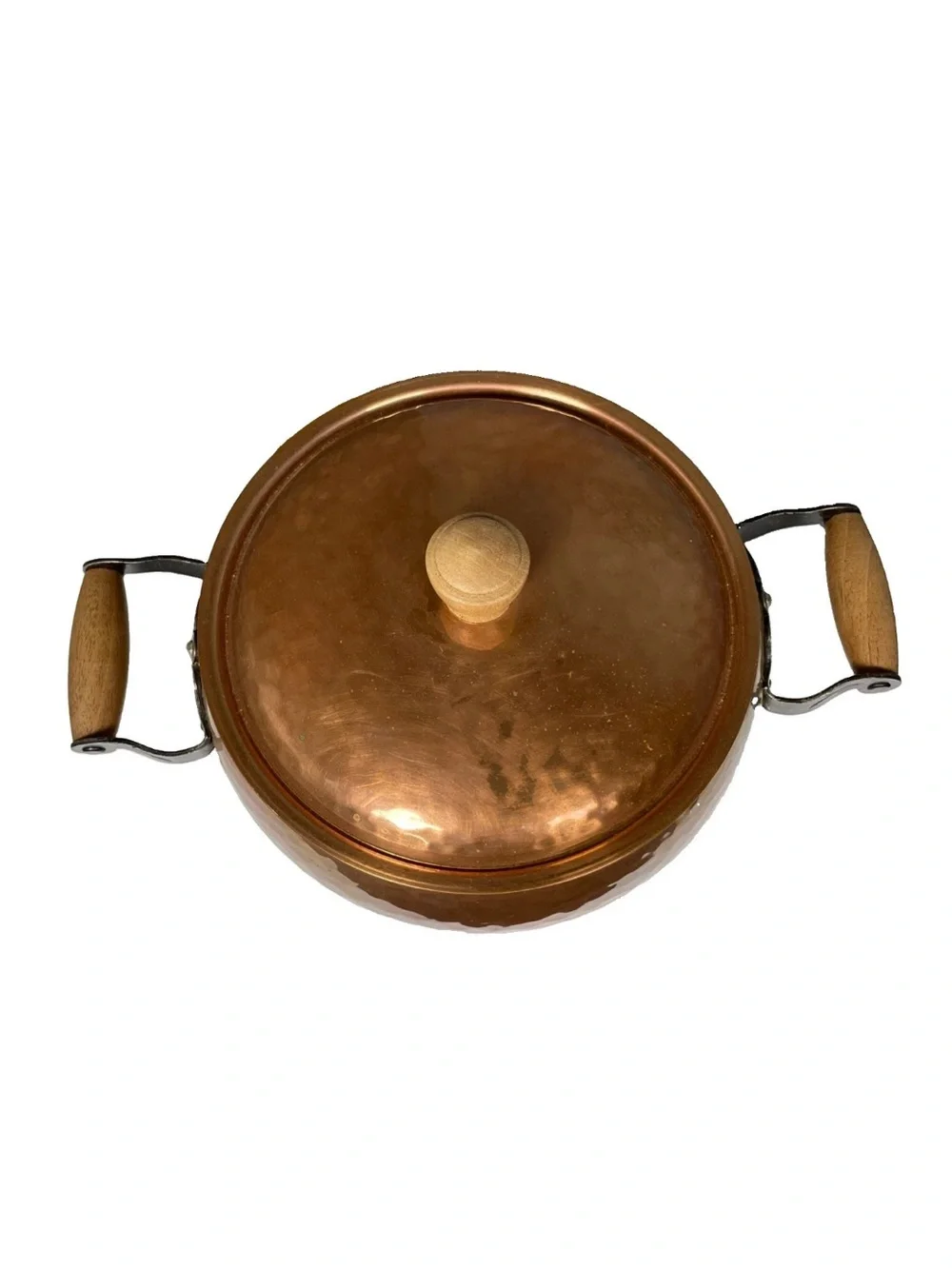 Vintage STOCKLI NETSTAL Hammered Copper Casserole Pot with Lid Wood Handles